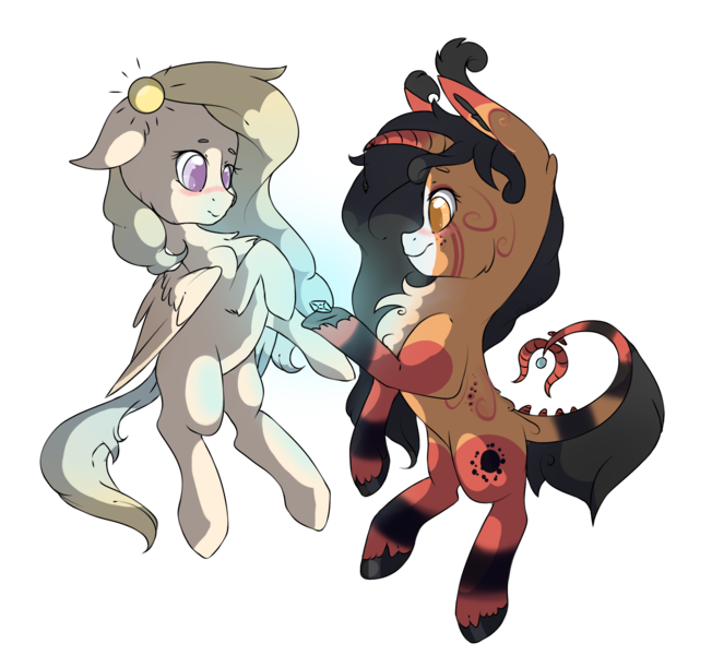 Size: 2009x1849 | Tagged: safe, artist:cookietasticx3, derpibooru import, oc, unofficial characters only, pegasus, pony, unicorn, chest fluff, duo, flying, horn, image, pegasus oc, png, smiling, unicorn oc, wings