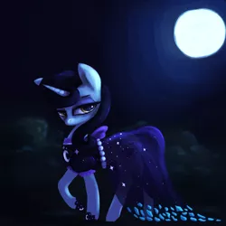 Size: 3000x3000 | Tagged: safe, artist:t72b, derpibooru import, moonlight raven, pony, unicorn, bow, clothes, dress, female, gem, image, mare, moon, moonlight, night, png, see-through, see-through skirt, skirt, solo, stars
