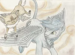Size: 2855x2101 | Tagged: safe, artist:cindertale, derpibooru import, oc, unofficial characters only, alicorn, deer, pegadeer, pony, alicorn oc, duo, eyes closed, flying, horn, image, jpeg, smiling, traditional art, wings