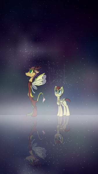 Size: 1746x3104 | Tagged: safe, artist:forest-lark, derpibooru import, oc, draconequus, hybrid, pegasus, draconequus oc, fog, image, interspecies offspring, looking up, night, night sky, offspring, parent:discord, parent:fluttershy, parents:discoshy, pegasus oc, png, reflection, sky, wings