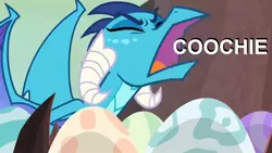 Size: 1280x720 | Tagged: suggestive, derpibooru import, screencap, princess ember, dragon, sweet and smoky, dragon egg, dragoness, egg, eyes closed, female, image, implied vagina, jpeg, open mouth, solo, vulgar