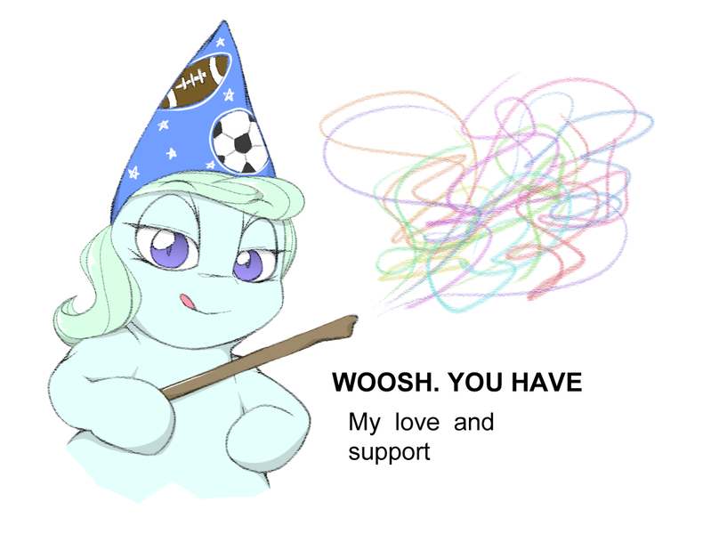 Size: 1084x823 | Tagged: safe, artist:lyrabop, derpibooru import, oc, oc:wizpone, unofficial characters only, earth pony, pony, clothes, female, hat, image, looking at you, magic, mare, meme, png, ponified animal photo, shitposting, simple background, solo, text, tongue out, wand, white background, wizard hat