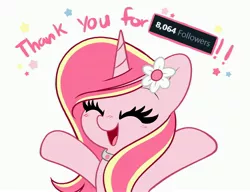 Size: 4096x3153 | Tagged: safe, artist:kittyrosie, derpibooru import, oc, oc:rosa flame, unofficial characters only, pony, unicorn, blushing, cute, eyes closed, followers, image, jpeg, meta, open mouth, simple background, twitter, white background