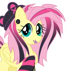 Size: 1920x1920 | Tagged: safe, artist:melonmilk, derpibooru import, fluttershy, pegasus, arm warmers, beanie, black, clothes, emo, emoshy, fishnet clothes, fishnets, hat, hoof warmer, hot pink, image, leg warmers, piercing, pink, png, scene, scene kid, snake bites, solo