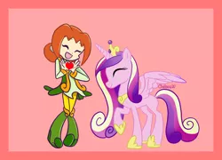 Size: 2600x1876 | Tagged: safe, artist:chelseawest, derpibooru import, princess cadance, ally (puyo puyo), colored background, crossover, heart, heart hands, image, png, puyo puyo, smiling