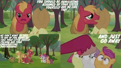 Size: 1280x720 | Tagged: safe, derpibooru import, edit, edited screencap, editor:quoterific, screencap, apple bloom, applejack, big macintosh, scootaloo, sweetie belle, earth pony, pegasus, pony, unicorn, ponyville confidential, angry, apple, apple bloom's bow, applejack is not amused, applejack's hat, big macintosh is not amused, bow, cowboy hat, cutie mark crusaders, eyes closed, female, filly, food, go away, hair bow, hat, image, male, mare, png, stallion, sweet apple acres, tree, unamused