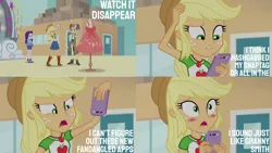 Size: 1280x720 | Tagged: safe, derpibooru import, edit, edited screencap, editor:quoterific, screencap, applejack, rarity, vignette valencia, equestria girls, equestria girls series, rollercoaster of friendship, applejack's hat, blushing, boots, bracelet, clothes, cowboy boots, cowboy hat, crossed arms, denim skirt, dress, female, geode of shielding, geode of super strength, hat, high heels, image, jewelry, magical geodes, mannequin, mobile phone, necklace, open mouth, phone, png, rarity peplum dress, shoes, skirt, smartphone, smiling