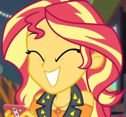 Size: 2075x1920 | Tagged: safe, derpibooru import, screencap, sunset shimmer, costume conundrum, equestria girls, equestria girls series, spoiler:eqg series (season 2), clothes, cropped, cute, cutie mark, cutie mark on clothes, eyes closed, female, geode of empathy, image, jacket, jewelry, jpeg, leather, leather jacket, magical geodes, mobile phone, necklace, phone, shimmerbetes, smartphone, smiling, solo