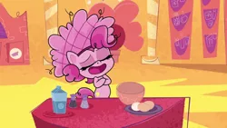 Size: 1280x720 | Tagged: safe, derpibooru import, screencap, pinkie pie, earth pony, pony, my little pony: pony life, princess probz, spoiler:pony life s01e01, bipedal, crossed arms, egg, eyes closed, female, food, image, open mouth, png, solo