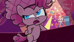 Size: 1280x720 | Tagged: safe, derpibooru import, screencap, pinkie pie, princess celestia, alicorn, earth pony, pony, my little pony: pony life, princess probz, spoiler:pony life s01e01, bipedal, bipedal leaning, image, leaning, looking up, open mouth, png, up close, zesty