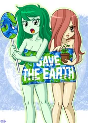 Size: 1000x1405 | Tagged: suggestive, artist:uotapo, derpibooru import, wallflower blush, equestria girls, breasts, cleavage, crossover, dc superhero girls, earth day, image, jpeg, one eye covered, partial nudity, plant, poison ivy (dc comics), protest
