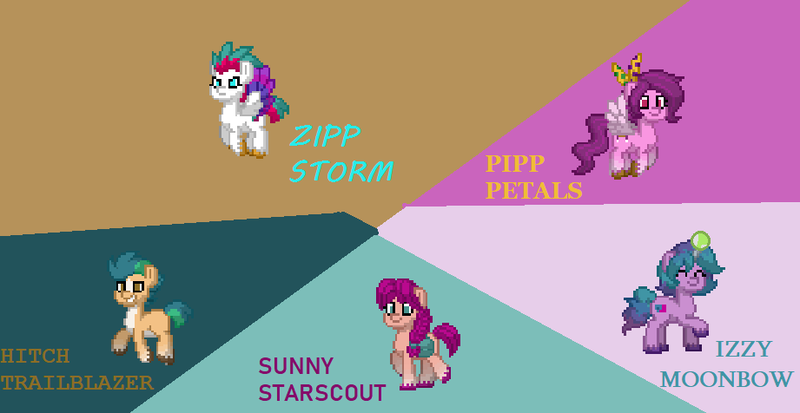 Size: 921x476 | Tagged: safe, artist:lillianlover2007, derpibooru import, hitch trailblazer, izzy moonbow, pipp petals, sunny starscout, zipp storm, pony, pony town, g5, image, mane five (g5), png