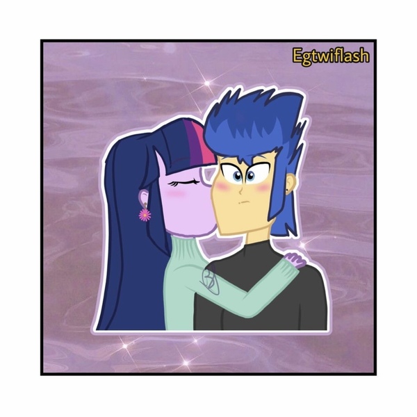 Size: 1242x1242 | Tagged: safe, artist:egtwiflash, derpibooru import, flash sentry, twilight sparkle, human, equestria girls, blushing, clothes, couple, ear piercing, earring, female, flashlight, humanized, image, jewelry, jpeg, kiss on the cheek, kissing, male, piercing, shipping, straight