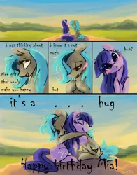 Size: 1725x2199 | Tagged: safe, artist:elisdoominika, derpibooru import, oc, oc:cosmia nebula, oc:sweet elis, earth pony, pony, birthday, birthday gift, blushing, comic, cuddling, cute, happy birthday, hug, image, png, scenery, smiling, sunset, wholesome