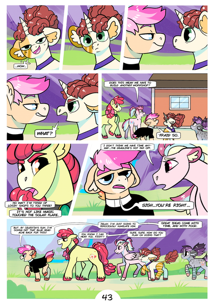 Size: 2100x3000 | Tagged: safe, artist:loryska, derpibooru import, apple bloom, oc, oc:clarabelle, oc:conundrum solar flare, oc:niko, oc:plumeria, hybrid, pony, zony, comic:friendship grows, adopted offspring, ear fluff, image, leonine tail, magical lesbian spawn, offspring, older, parent:derpy hooves, parent:doctor whooves, parent:quibble pants, parent:rainbow dash, parent:sweetie belle, parents:doctorderpy, parents:quibbledash, png, round glasses, thick eyebrows, unshorn fetlocks