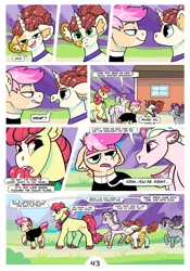 Size: 2100x3000 | Tagged: safe, artist:loryska, derpibooru import, apple bloom, oc, oc:clarabelle, oc:conundrum solar flare, oc:niko, oc:plumeria, hybrid, pony, zony, comic:friendship grows, adopted offspring, ear fluff, image, leonine tail, magical lesbian spawn, offspring, older, parent:derpy hooves, parent:doctor whooves, parent:quibble pants, parent:rainbow dash, parent:sweetie belle, parents:doctorderpy, parents:quibbledash, png, round glasses, thick eyebrows, unshorn fetlocks