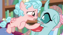 Size: 1280x720 | Tagged: suggestive, derpibooru import, edit, edited screencap, editor:anonymous, screencap, cozy glow, ocellus, changedling, changeling, pegasus, pony, what lies beneath, blushing, bookshelf, boop, cozylus, drool, drool string, duo, female, filly, foal, image, jpeg, lesbian, library, noseboop, ringlets, scrunchy face, shipping
