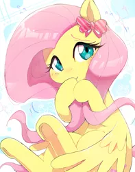 Size: 1337x1695 | Tagged: safe, artist:nendo, deleted from derpibooru, derpibooru import, fluttershy, pegasus, pony, blushing, bow, cute, ear bow, female, image, jpeg, looking at you, mare, shyabetes, solo, sweat, sweatdrop, underhoof