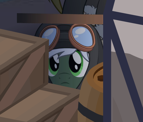 Size: 581x496 | Tagged: artist needed, safe, derpibooru import, oc, unnamed oc, unofficial characters only, barrel, boxes, :c, clothes, crate, curiosity, curious, frown, goggles, hiding, hoodie, image, looking at you, looking up, male, peeking, plank, png, shadow, wood