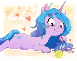Size: 2030x1615 | Tagged: safe, artist:nendo, banned from derpibooru, deleted from derpibooru, derpibooru import, izzy moonbow, pony, unicorn, abstract background, ball, bracelet, cute, female, g5, heart, image, izzy's tennis ball, izzybetes, jewelry, looking at something, lying down, mare, png, smiling, solo, tennis ball, unshorn fetlocks