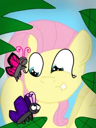 Size: 1080x1440 | Tagged: safe, artist:crossovercartoons, derpibooru import, fluttershy, butterfly, insect, pegasus, pony, artwork, cute, digital art, drawing, fluttershy day, fluttershy day 2021, front view, happy, image, leaves, looking down, looking up, png, raised hoof, solo