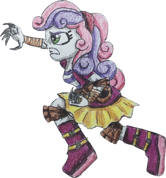 Size: 1500x1605 | Tagged: safe, artist:bozzerkazooers, artist:therandomone95, derpibooru import, sweetie belle, equestria girls, angry, bandage, boots, claws, clothes, cropped, elbow pads, image, jacket, knee pads, png, shoes, skirt, solo, weapon