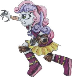 Size: 1500x1605 | Tagged: safe, artist:bozzerkazooers, artist:therandomone95, derpibooru import, sweetie belle, equestria girls, angry, bandage, boots, claws, clothes, cropped, elbow pads, image, jacket, knee pads, png, shoes, skirt, solo, weapon