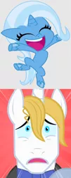 Size: 580x1440 | Tagged: safe, derpibooru import, screencap, prince blueblood, trixie, pony, unicorn, my little pony: pony life, the best night ever, bluetrix, cropped, eyes closed, female, image, jumping, male, open mouth, png, shipping, shipping domino, shocked, straight
