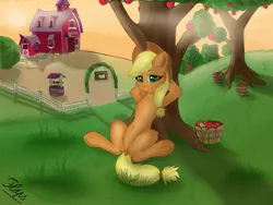 Size: 3984x3000 | Tagged: safe, artist:flapstune, derpibooru import, applejack, earth pony, pony, apple, barn, bucket, female, food, grass, hat, image, looking at you, mare, png, relaxing, signature, sitting, sky, smiling, smiling at you, solo, sun, tree