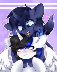 Size: 2000x2500 | Tagged: safe, artist:etoz, derpibooru import, oc, unofficial characters only, alicorn, pony, unicorn, alicorn oc, blushing, commission, female, happy, horn, hug, image, mare, open mouth, png, smiling, tsundere, unicorn oc, wingding eyes, wings, ych result