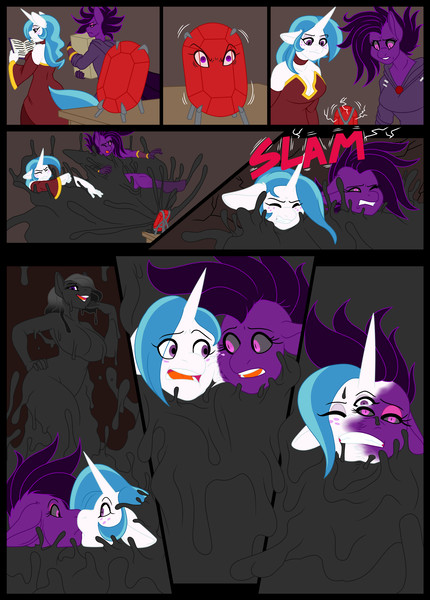 Size: 2365x3300 | Tagged: questionable, semi-grimdark, artist:mr.pink, artist:nonuberis, derpibooru import, oc, oc:black spot, oc:majesty, unofficial characters only, anthro, goo, goo pony, original species, unguligrade anthro, body horror, comic, female, fusion, gem, image, merging, png