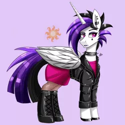 Size: 1900x1900 | Tagged: safe, artist:zachc, derpibooru import, princess celestia, alicorn, pony, alternate hairstyle, boots, choker, clothes, horn, image, jacket, leather jacket, png, punklestia, shoes, simple background, solo, spiked choker, wings