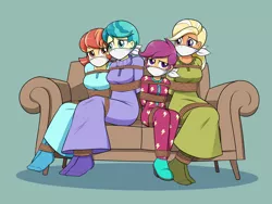 Size: 1600x1200 | Tagged: safe, artist:nivek15, derpibooru import, aunt holiday, auntie lofty, mane allgood, scootaloo, equestria girls, bondage, bound and gagged, cloth gag, clothes, couch, equestria girls-ified, gag, image, jpeg, nightgown, pajamas, rope, rope bondage, sitting, tied up