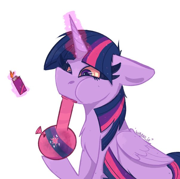 Size: 1261x1253 | Tagged: safe, artist:waanlix, derpibooru import, twilight sparkle, twilight sparkle (alicorn), alicorn, pony, bong, drugs, image, jpeg, junkielight, lighter, red eyes, solo