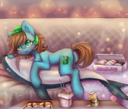 Size: 2925x2500 | Tagged: safe, artist:zefirka, deleted from derpibooru, derpibooru import, oc, oc:neko, unofficial characters only, earth pony, pony, shark, :i, blushing, couch, donut, food, image, noodles, plushie, png, slime, solo, sushi