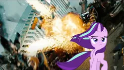 Size: 1920x1080 | Tagged: safe, derpibooru import, edit, edited screencap, screencap, pony, unicorn, the ending of the end, badass, bayformers, cool guys don't look at explosions, death, decepticon, explosion, frown, image, michael bay, paramount pictures, png, starlight glimmer in places she shouldn't be, starscream, transformers, transformers dark of the moon