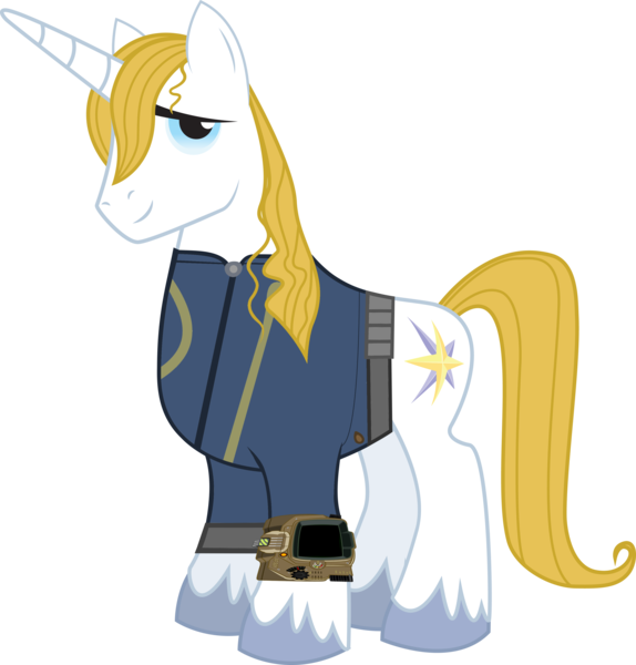 Size: 3268x3414 | Tagged: safe, artist:ponygamer2020, derpibooru import, prince blueblood, pony, unicorn, fallout equestria, absurd resolution, clothes, fallout, image, jumpsuit, male, pipboy, png, simple background, solo, stallion, transparent background, vault suit, vector