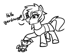 Size: 714x521 | Tagged: safe, artist:neuro, oc, unofficial characters only, earth pony, pony, armor, black and white, dialogue, duo, earth pony oc, female, grayscale, guardsmare, hoof shoes, image, mare, monochrome, open mouth, petting, png, royal guard, tail wrap