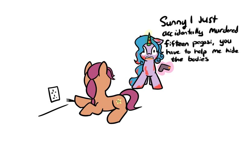 Size: 1481x917 | Tagged: safe, artist:neuro, izzy moonbow, sunny starscout, earth pony, pony, unicorn, g5, blood, dialogue, duo, female, fork, gun, hoof hold, horn, image, jpeg, magic, mare, open mouth, outlet, shrunken pupils, simple background, telekinesis, this will end in electrocution, weapon, white background, wide eyes