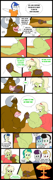 Size: 1280x4292 | Tagged: safe, artist:matchstickman, derpibooru import, granny smith, oc, unnamed oc, anthro, minotaur, comic:free cider, alternate ending, anthro oc, arm wrestling, biceps, clothes, comic, dialogue, explosion, image, muscle growth, muscles, png, younger, young granny smith