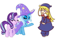 Size: 2400x1676 | Tagged: safe, artist:chelseawest, derpibooru import, starlight glimmer, trixie, blushing, blush sticker, crossover, image, png, puyo puyo, simple background, transparent background, witch (puyo puyo)