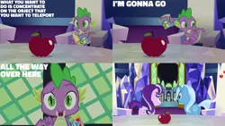 Size: 1280x720 | Tagged: safe, derpibooru import, edit, edited screencap, editor:quoterific, screencap, spike, starlight glimmer, trixie, dragon, pony, unicorn, all bottled up, apple, book, comic, cutie map, female, food, image, male, mare, open mouth, png, stallion, twilight's castle