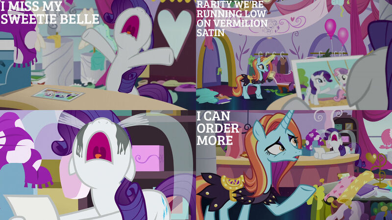 Size: 1280x720 | Tagged: safe, derpibooru import, edit, edited screencap, editor:quoterific, screencap, rarity, sassy saddles, sweetie belle, pony, unicorn, forever filly, crying, female, image, jpeg, magic, mare, marshmelodrama, nose in the air, open mouth, rarity being rarity, sad, telekinesis, volumetric mouth