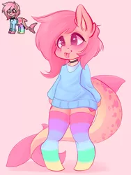 Size: 750x1000 | Tagged: safe, artist:valeria_fills, derpibooru import, oc, unofficial characters only, original species, pony, semi-anthro, shark, shark pony, pony town, :p, blushing, clothes, cutie mark, digital art, female, image, mare, png, shark pony oc, shark tail, simple background, socks, solo, stockings, sweater, tail, thigh highs, tongue out