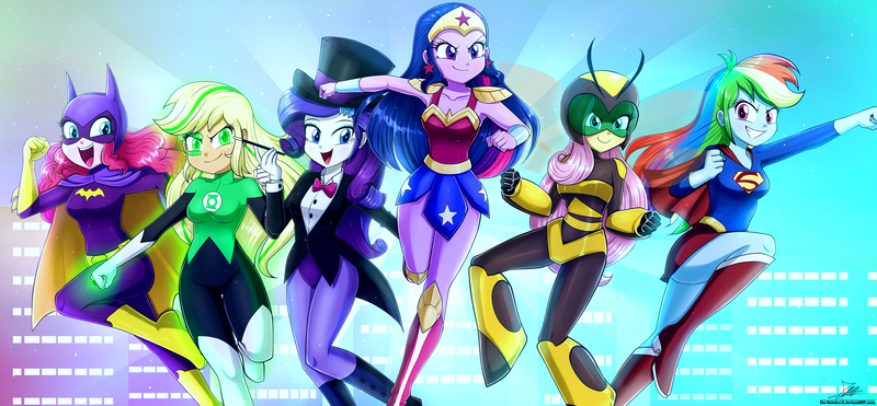 Size: 4200x1950 | Tagged: safe, artist:the-butch-x, derpibooru import, applejack, fluttershy, pinkie pie, rainbow dash, rarity, sci-twi, twilight sparkle, human, equestria girls, barbara gordon, batgirl, belt, boots, bowtie, breasts, bumblebee (dc), cape, clothes, commission, crossover, dc superhero girls, donna troy, female, green lantern, hat, humane five, humane six, image, jessica cruz, mask, open mouth, png, shirt, shoes, skirt, suit, supergirl, top hat, wonder girl, zatanna