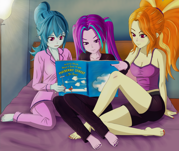 Size: 1400x1177 | Tagged: safe, artist:kuya64, derpibooru import, adagio dazzle, aria blaze, sonata dusk, human, equestria girls, barefoot, bed, blushing, book, breasts, cleavage, clothes, dr. seuss, feet, image, nail polish, pajamas, pigtails, png, ponytail, reading, shorts, tanktop, the dazzlings, toenail polish, twintails, varying degrees of amusement, varying degrees of want