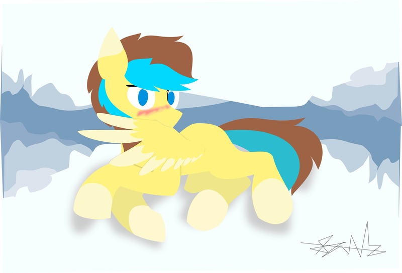 Size: 7333x4993 | Tagged: safe, artist:samsailz, derpibooru import, oc, oc:okopod, unofficial characters only, pegasus, pony, blushing, cloud, complex background, embarrassed, gift art, grooming, image, jpeg, lineless, looking at you, lying, lying down, male, pegasus oc, pegasus wings, pony oc, preening, solo, solo male, surprised, wings