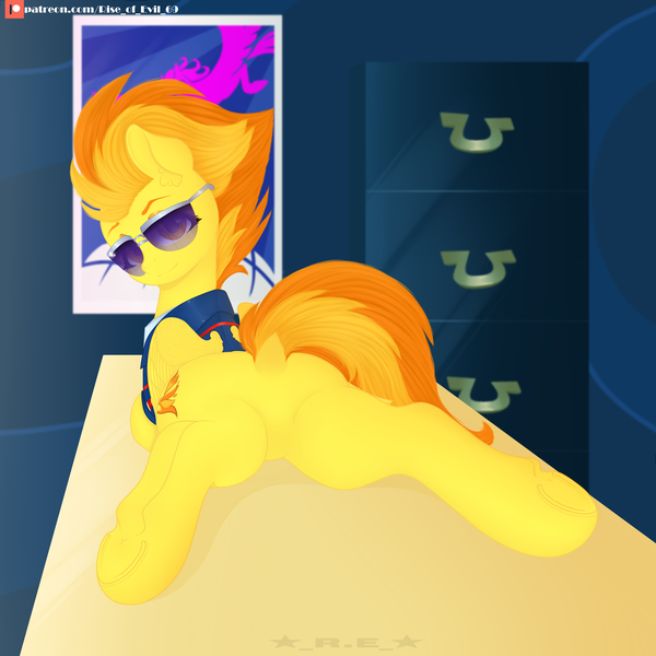 Size: 3500x3500 | Tagged: suggestive, artist:rise_of_evil_69, derpibooru import, spitfire, pegasus, pony, wonderbolts academy, butt, clothes, cupboard, cute, dock, drill sergeant, featureless crotch, female, firebutt, heart eyes, image, locker, looking at you, looking back, mare, necktie, patreon, patreon logo, png, poster, rear view, simple background, smiling, smiling at you, socks, solo, solo female, sunglasses, table, thigh highs, underhoof, uniform, white background, wingding eyes, wings, wonderbolts, wonderbolts dress uniform