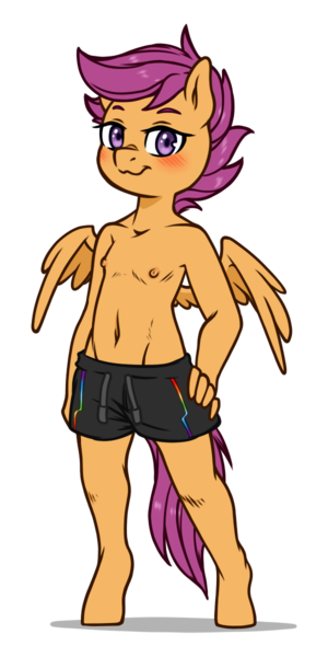 Size: 600x1200 | Tagged: questionable, artist:cold-blooded-twilight, artist:deserter, banned from derpibooru, edit, editor:deserter, ponybooru import, scootaloo, anthro, pegasus, belly button, blushing, breasts, clothes, confident, delicious flat chest, female, grin, hand on hip, image, lolicon, looking at you, male swimwear challenge, nipples, nudity, partial nudity, png, reverse trap, simple background, small breasts, smiling, solo, solo female, swimming trunks, topless, transparent background, underage