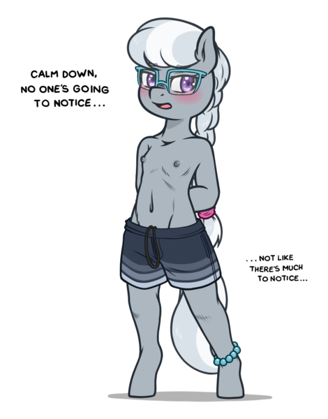 Size: 900x1150 | Tagged: questionable, artist:cold-blooded-twilight, artist:deserter, banned from derpibooru, edit, ponybooru import, silver spoon, anthro, earth pony, a-cup angst, anklet, arm behind back, belly button, blushing, breasts, clothes, delicious flat chest, embarrassed, female, glasses, image, lolicon, looking at you, male swimwear challenge, nervous, nipples, nudity, png, simple background, small breasts, solo, solo female, swimming trunks, thin, transparent background, underage, wet clothes